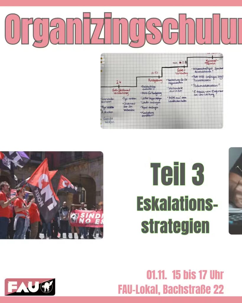 Plakat: „Organizingschulung – Teil 3: Eskalationsstrategien“. Drei Fotos: handgezeichneter Stufenplan auf kariertem Papier; Demonstration mit rot‑schwarzen Fahnen; Nahaufnahme einer schreibenden Hand. Termin und Ort: 01.11., 15–17 Uhr, FAU‑Lokal, Bachstraße 22. Unten links das FAU‑Logo.