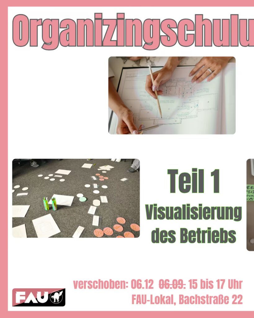 Poster mit dem Titel "Organizing schulu" in großen, rosafarbenen Buchstaben. Unter dem Titel befinden sich zwei eingebettete Bilder: das erste zeigt Hände, die Bleistifte und ein Lineal über einem Bauplan halten, und das zweite zeigt einen Workshop-Aufbau auf einem Teppichboden mit Papieren, runden farbigen Karten und Stiften. Rechts neben dem Workshop-Bild steht in großer grüner Schrift "Teil 1 Visualisierung des Betriebs". Unten zeigt rosafarbener Text "verschoben: 06.12. 06.09. 15 bis 17 Uhr" und die Ortsangabe "FAU-Lokal, Bachstraße 22". Das FAU-Logo ist in der unteren linken Ecke.