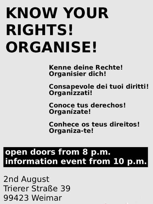 2nd August in Weimar: Know your rights! Organise!