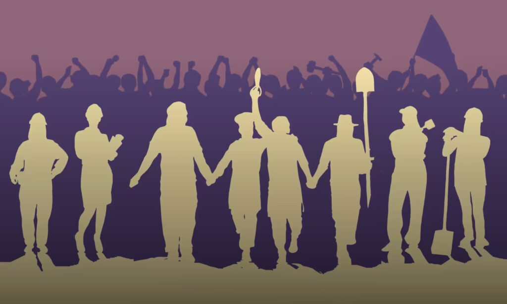 Eine Illustration zeigt eine Reihe von Arbeitenden in goldener Silhouette, die sich an den Händen halten. Man erkennt Schutzhelme, eine Schaufel und einen Hammer. Im Hintergrund ist eine dunkle Menschenmenge zu sehen, die ihre Arme und Fäuste in die Luft reckt.